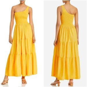 S/W/F Smocked Tiered Cotton Yellow Orange Boho Maxi Sun Dress Size Large